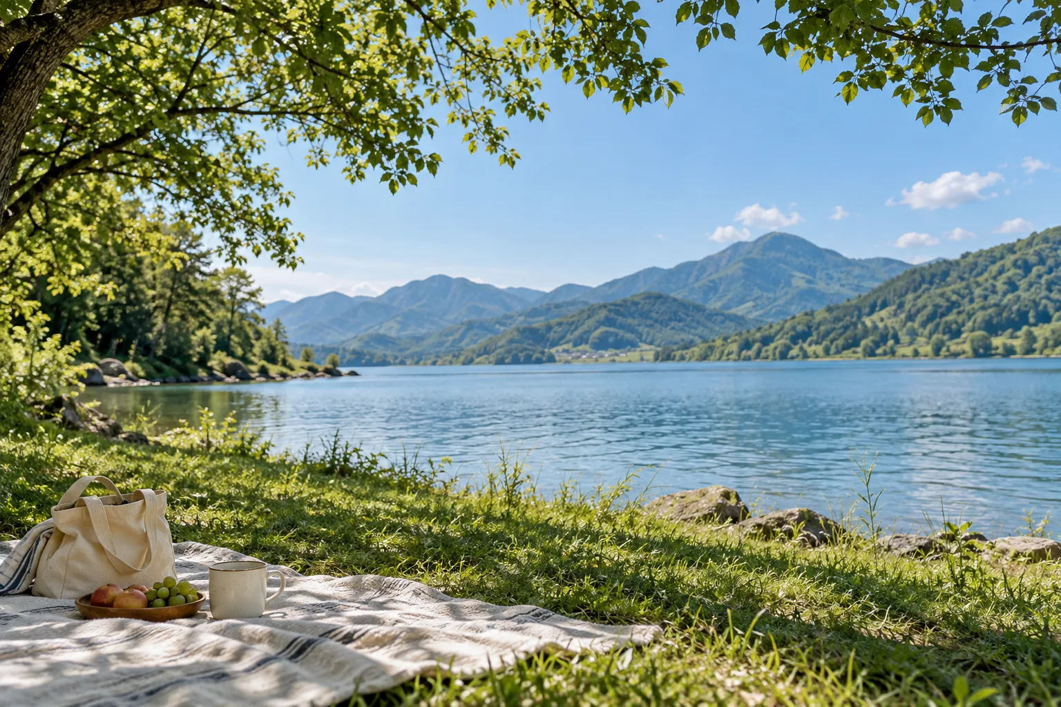 A simple picnic on the grass beside quiet water